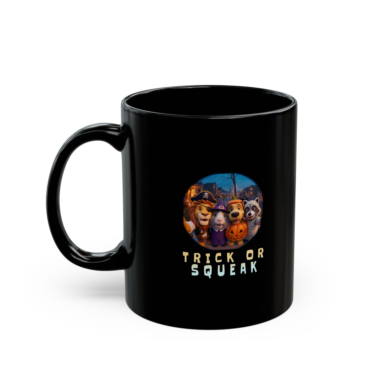 Trick or Squeak Black Mug